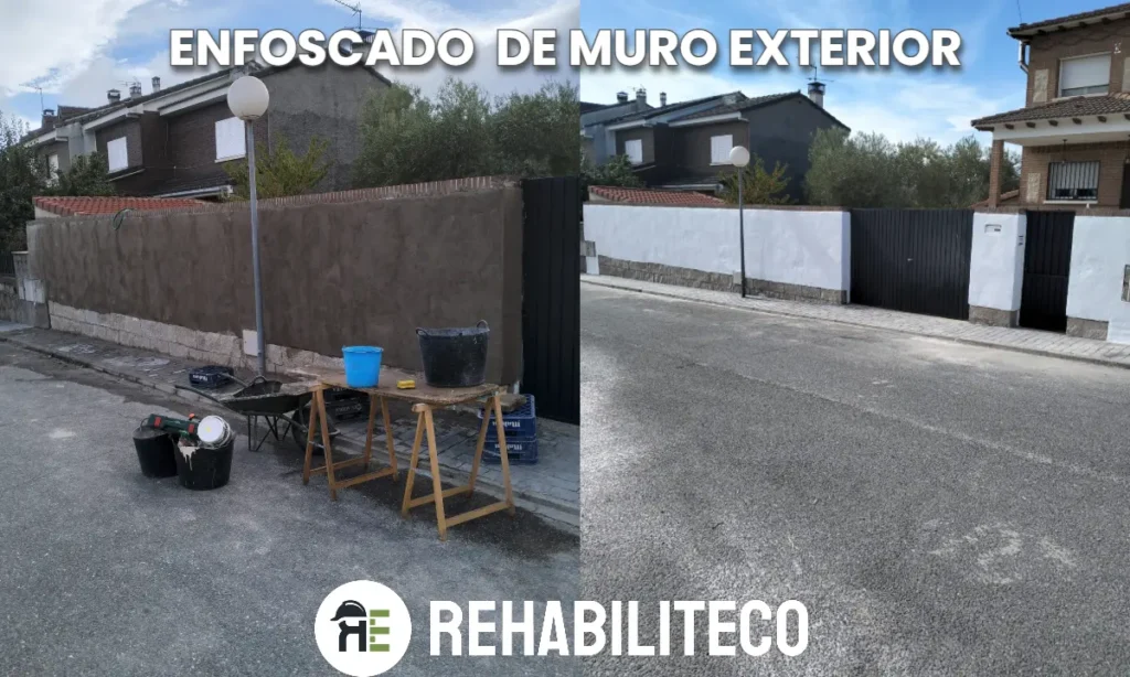 Comparación antes y después de enfoscado de muro exterior en Navalcarnero por Rehabiliteco, mostrando renovación completa