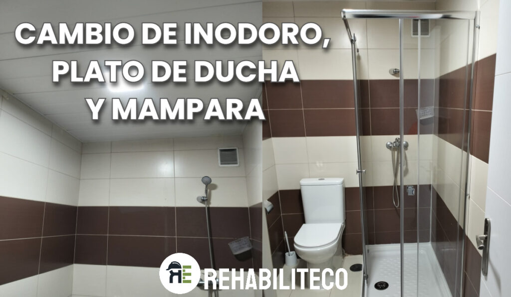 Baño reformado completamente con techo PVC, inodoro nuevo y plato ducha por Rehabiliteco en Móstoles