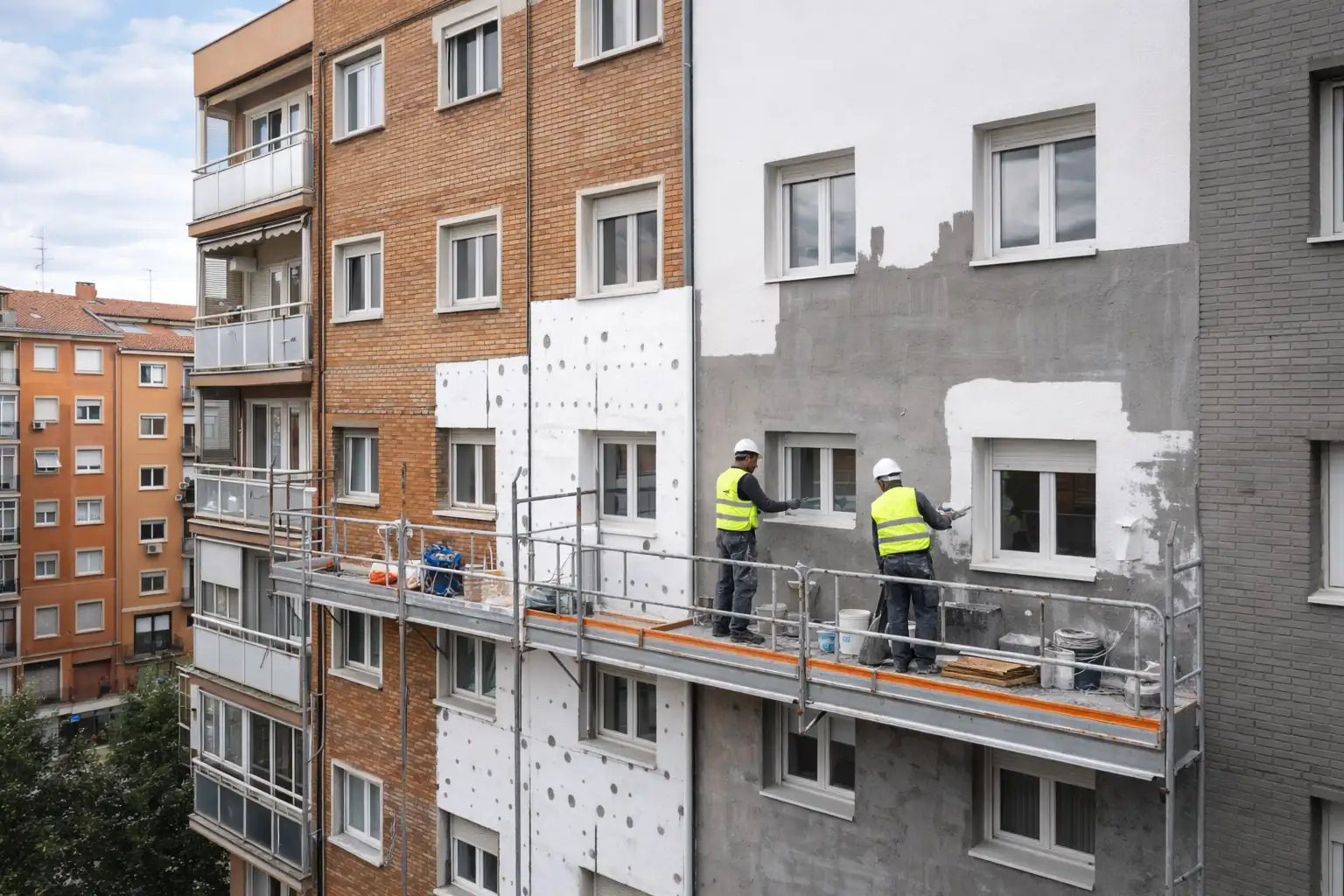 Sistema SATE de aislamiento térmico en fachada de edificio de los años 70 en Madrid