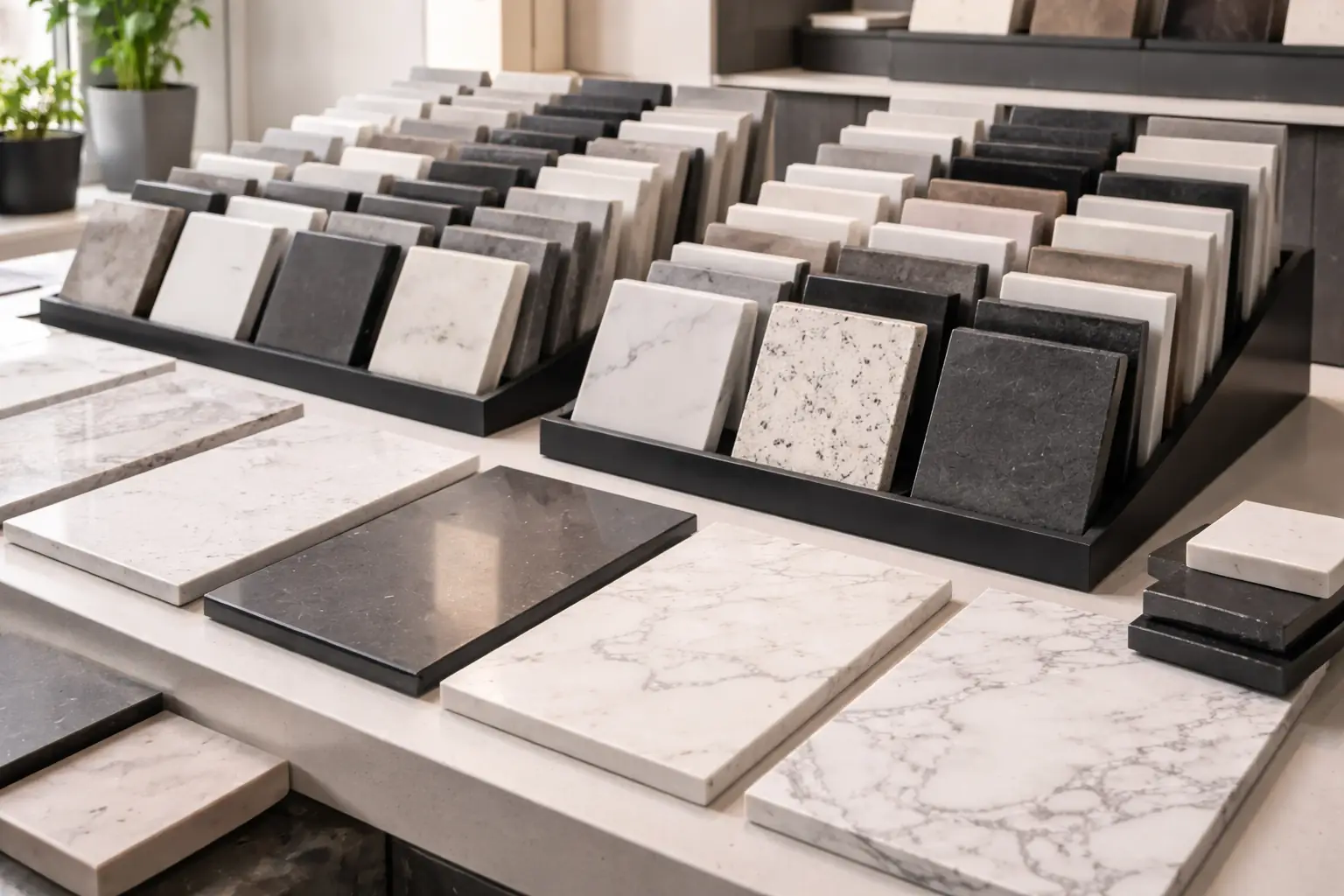 Comparativa de diferentes marcas de encimeras de cuarzo compacto en showroom