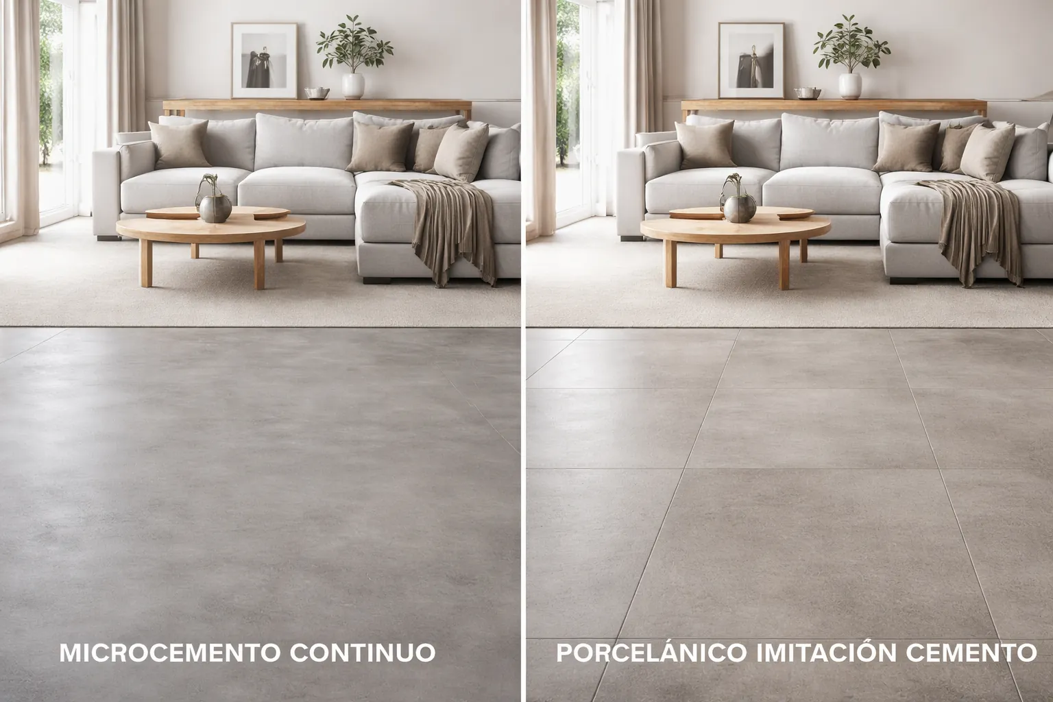 Comparativa visual entre acabado de microcemento y porcelánico en reforma de vivienda