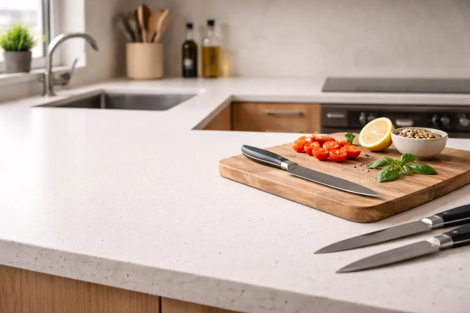 Encimera de cuarzo compacto blanco en cocina moderna con acabado mate