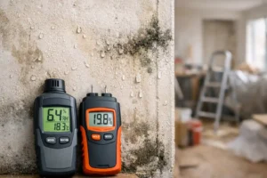 Humedades en casa con herramientas de diagnóstico profesional para identificar el problema
