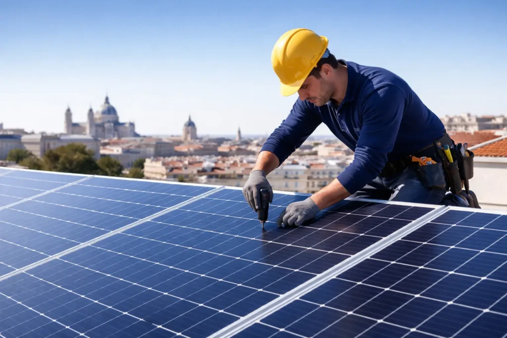 Placas solares instaladas en edificio residencial de Madrid con cielo despejado