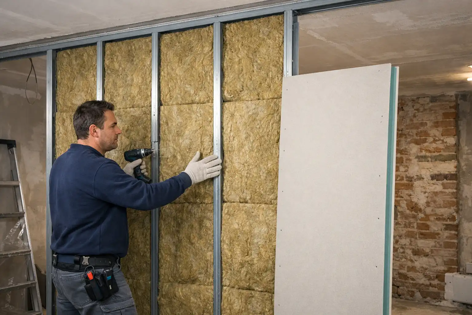 Instalación de doble tabique con lana mineral para eliminar ruido de vecinos en Madrid