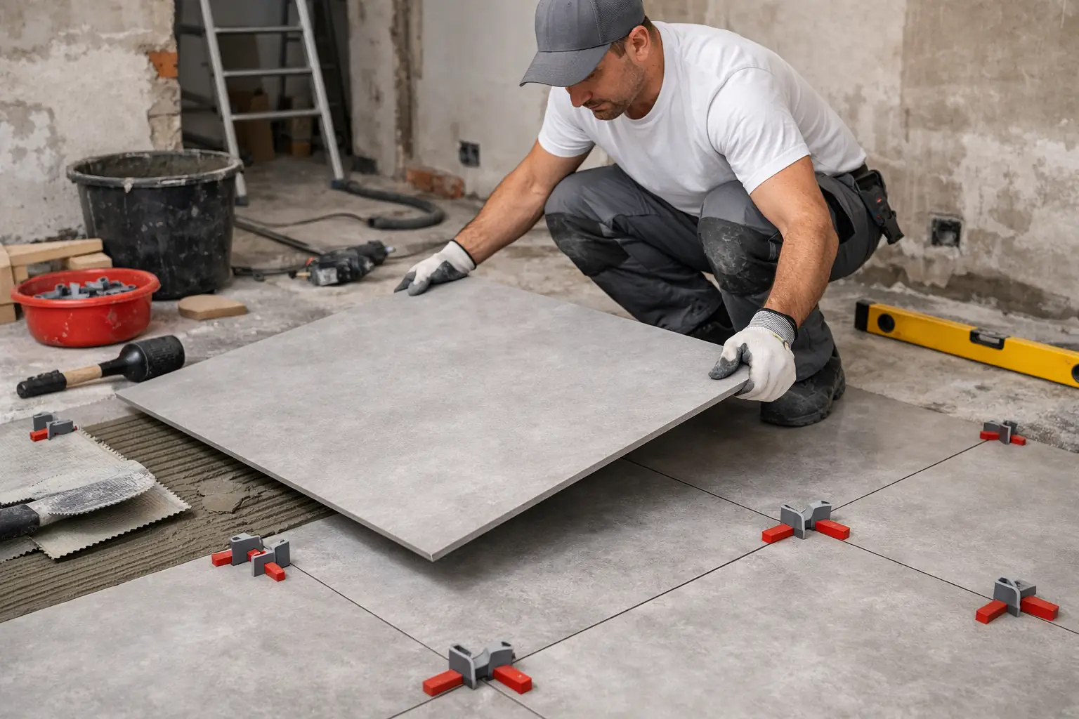 Instalación de suelo porcelánico gran formato en reforma de vivienda en Madrid