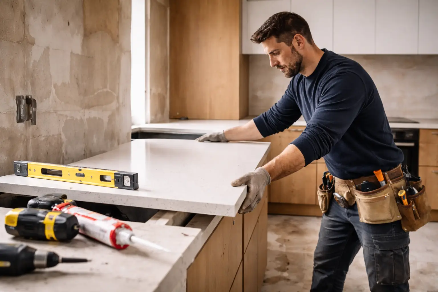 Profesional instalando encimera de cuarzo compacto en cocina reformada