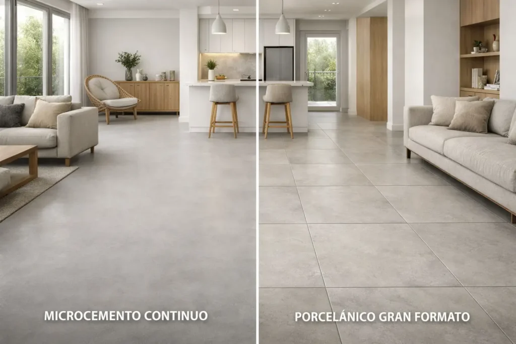 Comparativa visual microcemento vs porcelánico en reforma de vivienda moderna