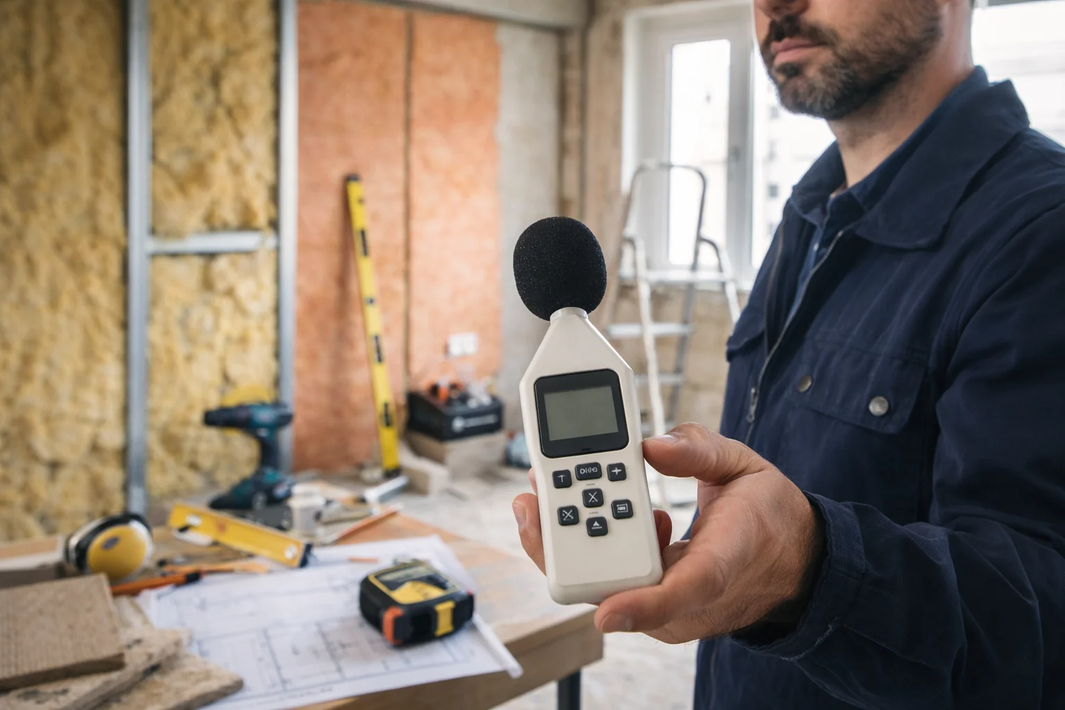 Profesional realizando mediciones acústicas para presupuesto de aislamiento