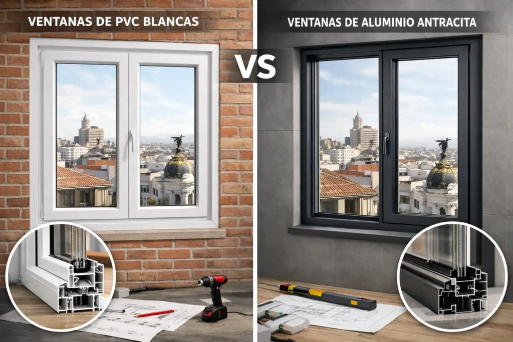 Comparación visual ventanas PVC blancas vs aluminio gris en edificio Madrid