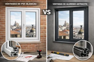 Comparación visual ventanas PVC blancas vs aluminio gris en edificio Madrid