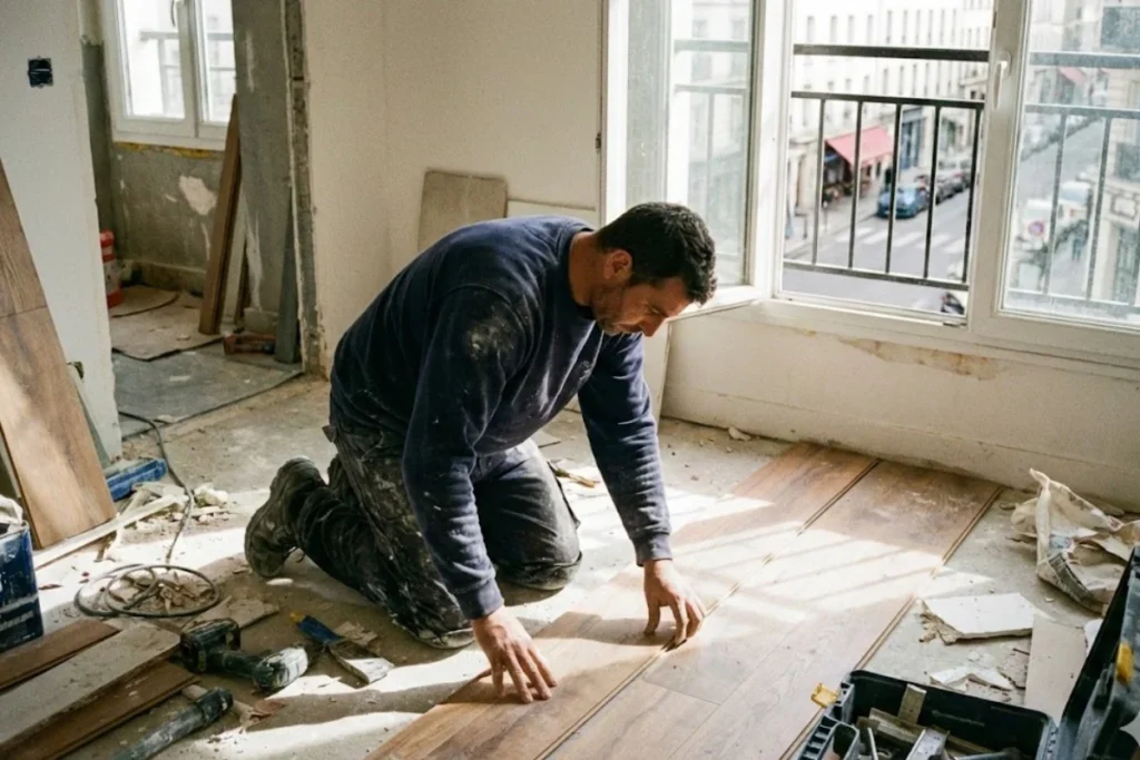 obrero-instalando-tarima-flotante-en-salon